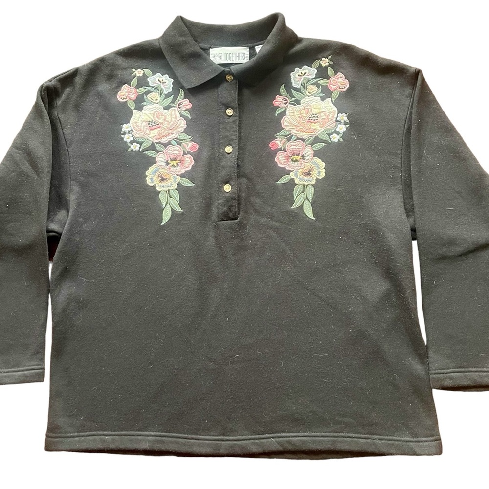 Vtg Womens Black Collard Sweatshirt Button With Embroidered Flowers Size L